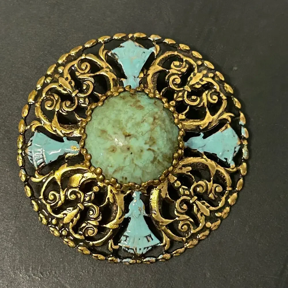 Antique Art Deco Brooch Filigree Faux Turquoise Stone Enamel Accents W.‎ Germany